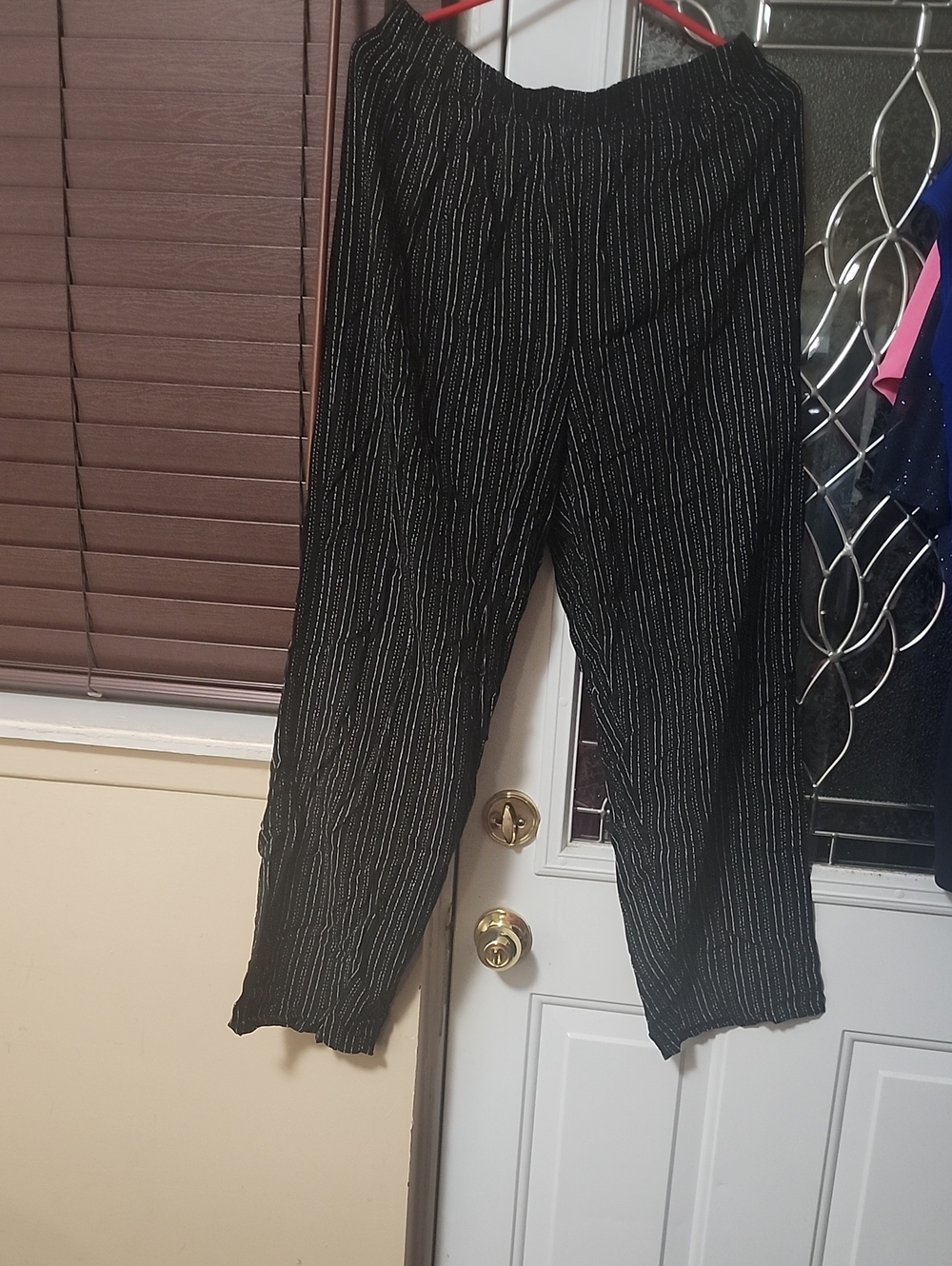 Women's Black Elastic-Waist Joggers with Silver Pinstripe